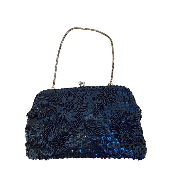 Vintage Du-Val Black Beaded & Sequined Evening Clutch Purse With Gold Chain Hand - Picture 13 of 13